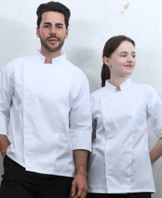 SKO-230-1 화이트 원포인트 스냅 조리복 ㅡㅡ [반팔/칠부 겸용]