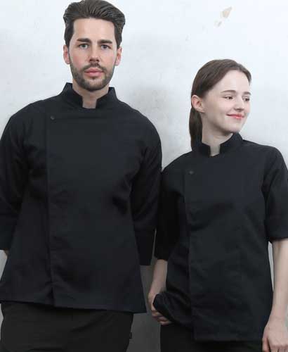 SKO-230-2 블랙 원포인트 스냅 조리복 ㅡㅡ [반팔/칠부 겸용]