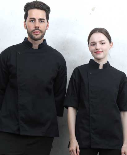 SKO-230-2 블랙 원포인트 스냅 조리복 ㅡㅡ [반팔/칠부 겸용]