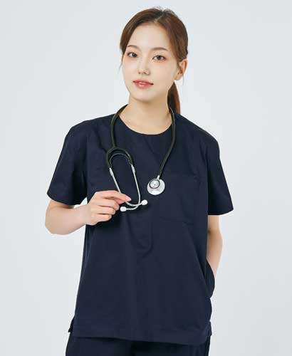 S201W-1 여성 쿨스판 크루넥 베이직 스크럽 네이비