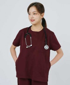 S201W-4 여성 쿨스판 크루넥 베이직 스크럽 버건디