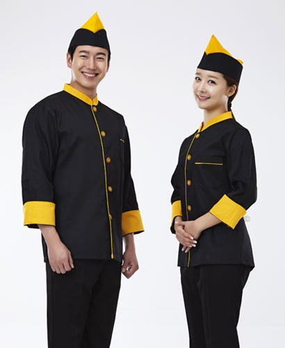 SCO-021 노랑 배색 검정 조리복 (칠부,긴팔 겸용)