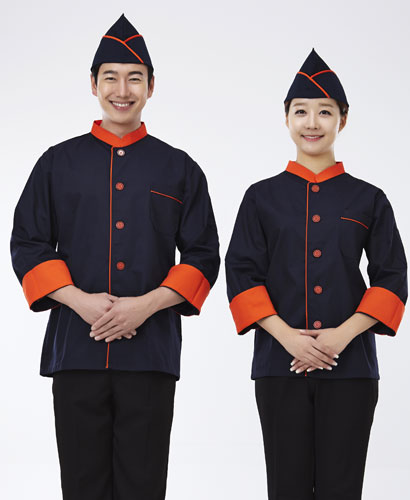 SCO-022 주황 배색 곤색 조리복 (칠부,긴팔 겸용)